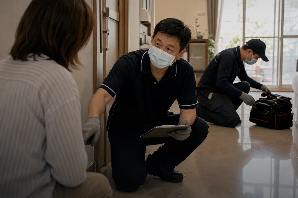 竝藤師傅與屋主說明施工紀錄與防治方式